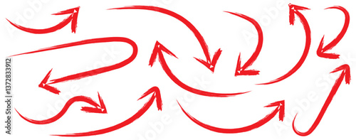 Scribble symbols of direction pointers. Red Hand drawn vector arrows doodle set on white background. Arrows with grunge lines. Hand drawn set of doodle arrow icons. Collection of hand free curved line