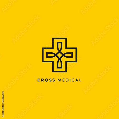 Stylized medical logo showcasing a black cross on a vibrant yellow background, representing healthcare, positivity, and professionalism. Ideal for branding, presentations, or themed projects involving