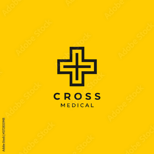 Stylized medical logo showcasing a black cross on a vibrant yellow background, representing healthcare, positivity, and professionalism. Ideal for branding, presentations, or themed projects involving
