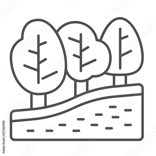 Ground cut and trees thin line icon, construction concept. Vector graphics. Forest nature terrain soil cut sign on white background, outline style icon for mobile or web design.