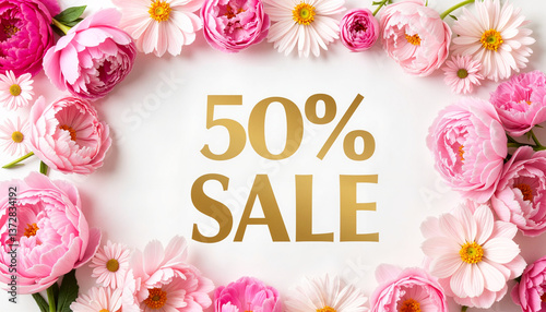 Spring sale banner with peonies and gold text, festive promotion