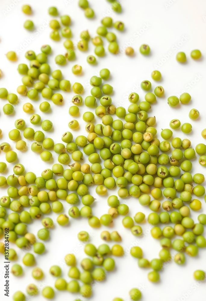 Fresh green soybeans scattered on pristine white background, healthy, pods