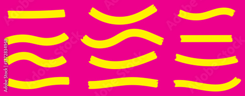 Yellow highlight marker lines, highlighters pen acid strokes. Underline brush or pen line for text, scribble permanent markers neoteric vector elements. Brush lines. Hand drawn marker strokes. Stripes