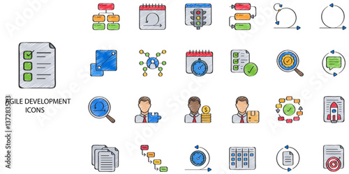Agile Development simple concept 24 hand drawn color icons set. Contains such agile, agility, analysis, application .Vector illustration.