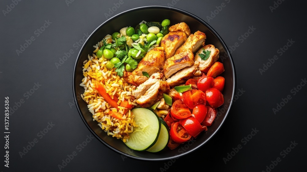 Fototapeta premium Colorful chicken Buddha bowl with grilled chicken, rice, edamame, tomatoes, carrots, and cucumber slices on a dark background. 