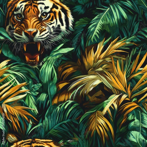 Vibrant tiger emerges from dense tropical rainforest foliage in striking illustration Generative AI