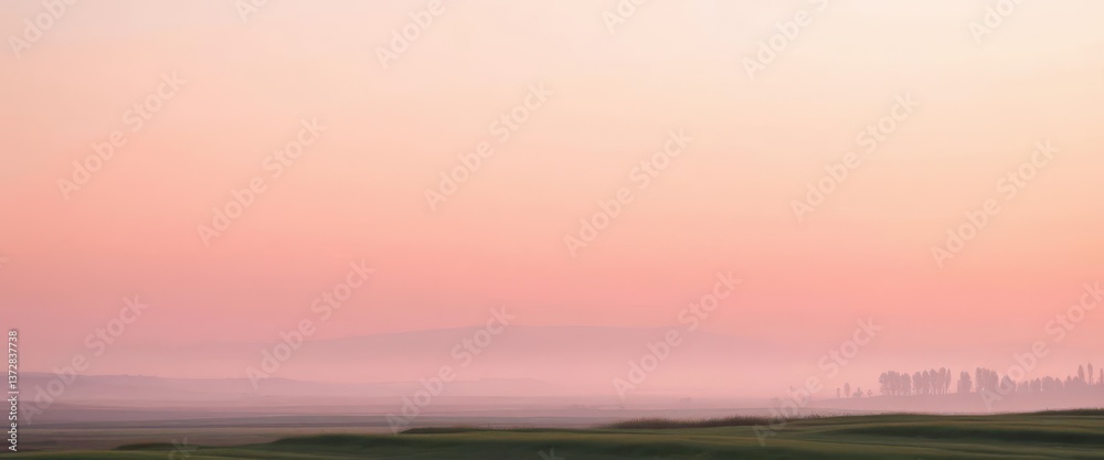 Fototapeta premium Soft pastel pink light bathes a tranquil landscape, creating a serene atmosphere, hue, romantic