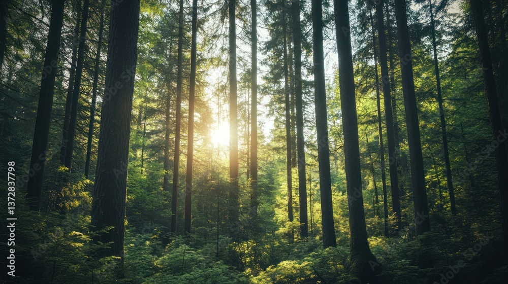 Obraz premium The sun shining through tall green trees in a forest