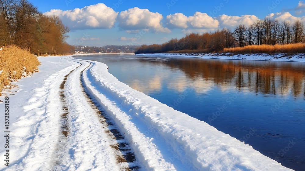 A snowy riverside scene with a winding road and blue sky A snowy riverside scene with a winding road and blue sky
