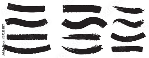Straight lines of a marker or brush for highlighting and underlining. Black highlight marker lines, highlighters pen acid strokes. Underline brush or pen line for text, scribble permanent markers 