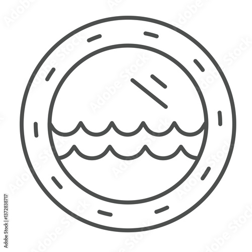 Window with water waves thin line icon, cruise ship interior concept. Vector graphics. Round window with sea wave sign on white background, outline style icon for mobile or web design.