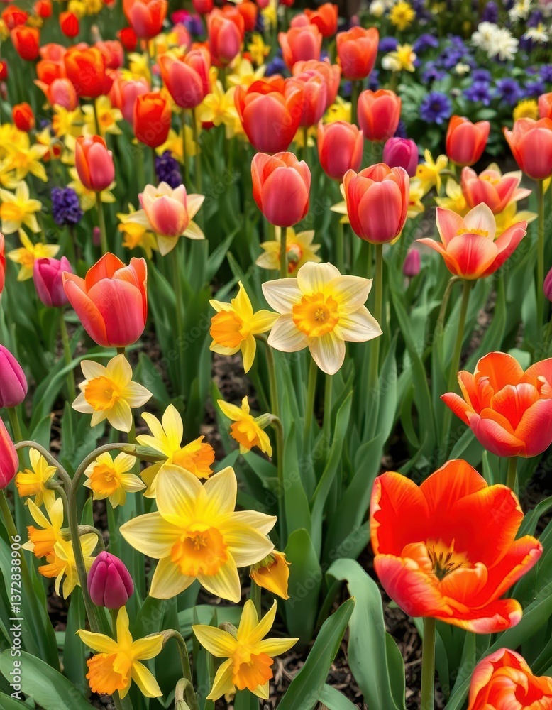 Vibrant spring blooms of tulips and daffodils in a garden, petals, vibrant, green Vibrant spring blooms of tulips and daffodils in a garden, petals, vibrant, green