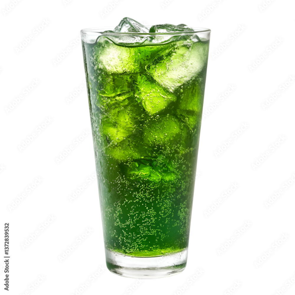 Refreshing Green Soda with Ice Cubes in Tall Glass Refreshing Green Soda with Ice Cubes in Tall Glass
