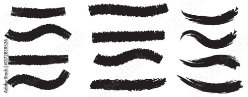 Straight lines of a marker or brush for highlighting and underlining. Black highlight marker lines, highlighters pen acid strokes. Underline brush or pen line for text, scribble permanent markers 