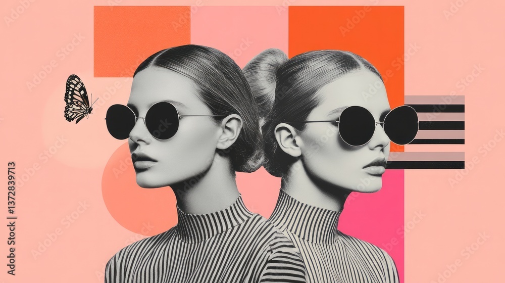 Fototapeta premium Fashionable women wearing sunglasses with a geometric background pattern
