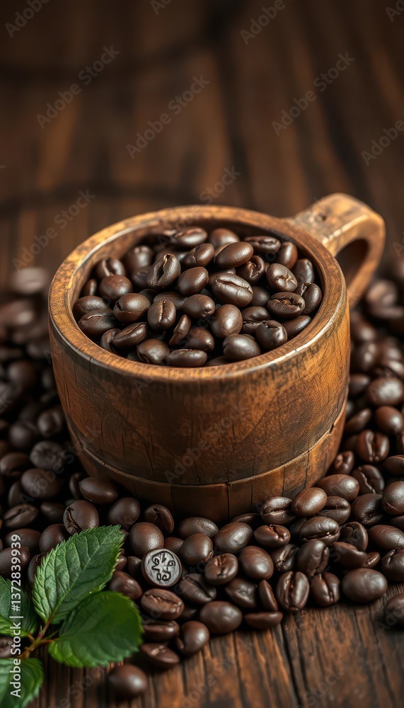 Fototapeta premium A rustic wooden cup overflowing with dark roasted coffee beans, close-up, sack