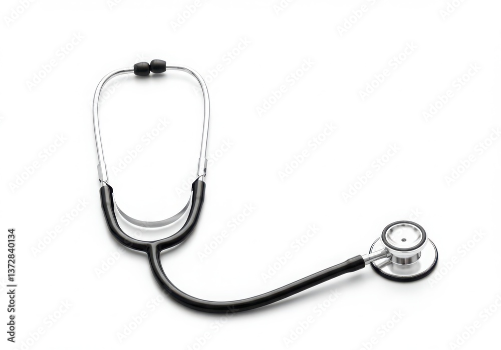 A stethoscope lying on a white surface with the earpieces and chestpiece visible in the frame transparent background A stethoscope lying on a white surface with the earpieces and chestpiece visible in the frame transparent background