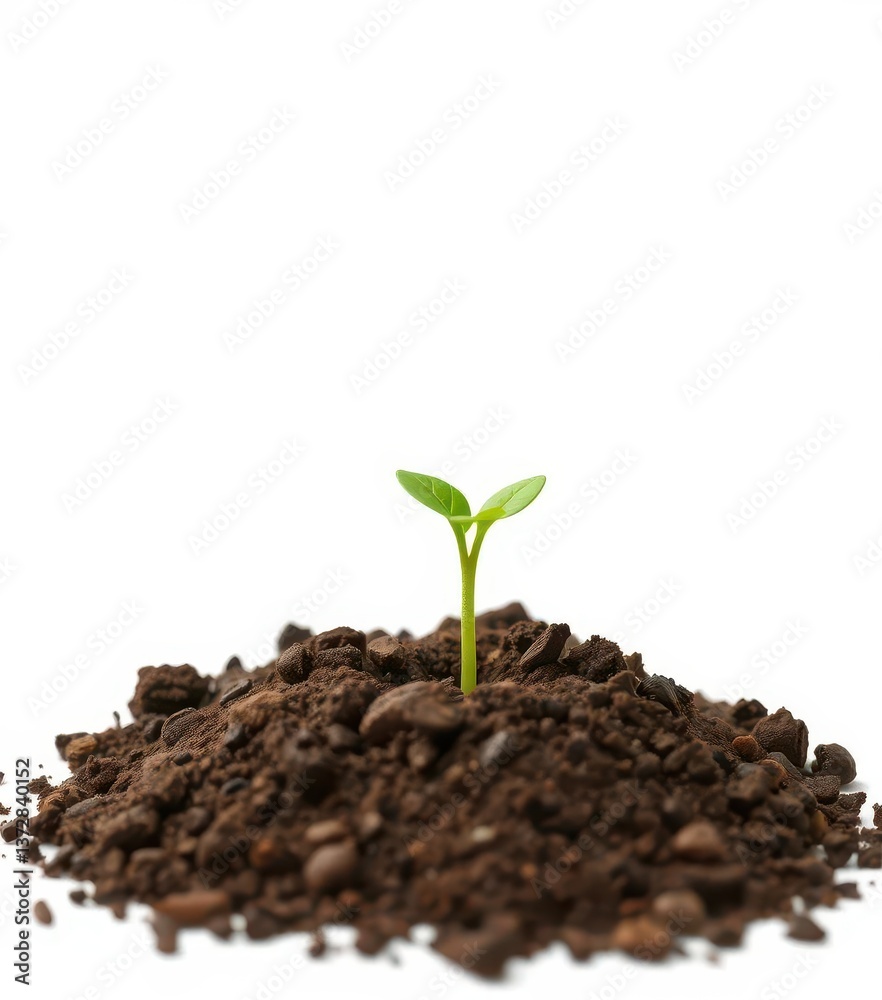 A small green tree seedling sprouts from rich brown soil, isolated on a pure white background, sprout, tree, plant life A small green tree seedling sprouts from rich brown soil, isolated on a pure white background, sprout, tree, plant life