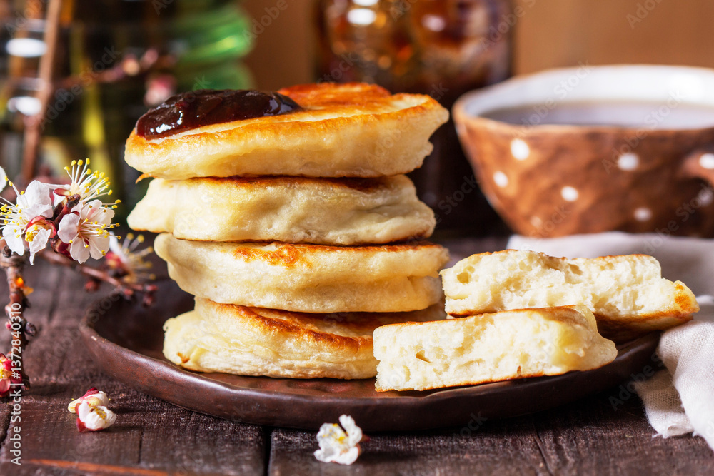 Lenten yeast pancakes with plum jam and tea, and a bouquet of blooming apricot branches on a wooden table.