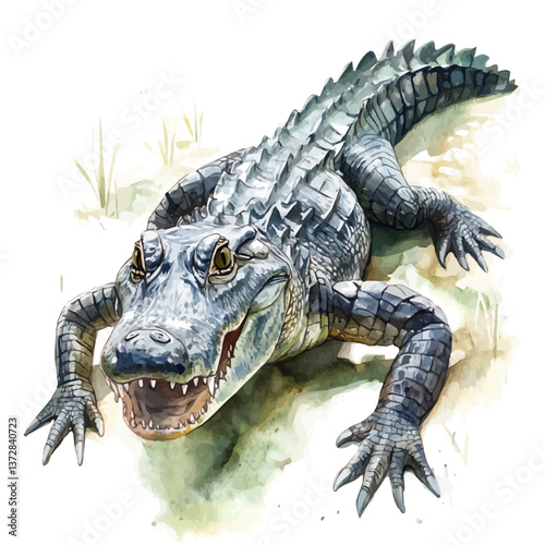A watercolor vector of a crocodile, isolated on a white background. Crocodile vector.

