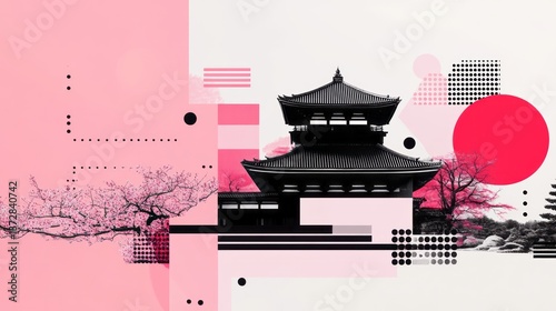 Japanese temple and cherry blossoms in artistic geometric collage
