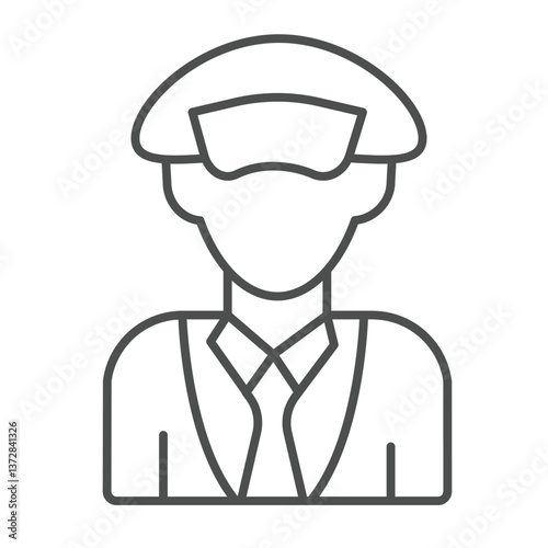 Captain man with hat thin line icon, marine port concept. Vector graphics. Sea ship commander sign on white background, outline style icon for mobile or web design.