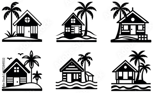 Collection of Simple Black and White Beach House Icons