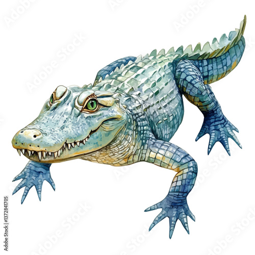 A watercolor vector of a crocodile, isolated on a white background. Crocodile vector.

