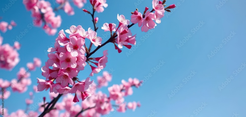 Heavy pink cherry blossom branch, vibrant blue sky backdrop, scene, pink flowers Heavy pink cherry blossom branch, vibrant blue sky backdrop, scene, pink flowers
