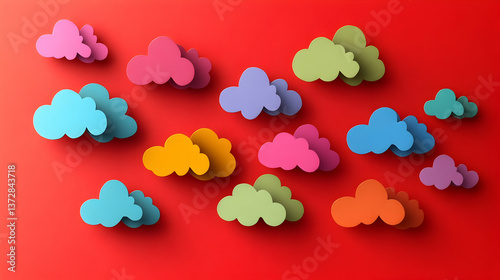 Playful arrangement of 3D cloud shapes in various colors scattered across a red background creating a cheerful and whim