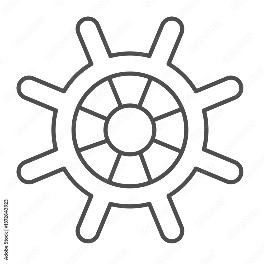 Obraz premium Marine steering wheel thin line icon, marine navigation concept. Vector graphics. Ship, vessel rudder sign on white background, outline style icon for mobile or web design.