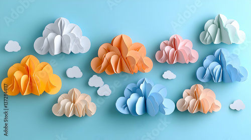 Colorful paper clouds hover on a light blue backdrop forming a whimsical soft and artistic skyscape