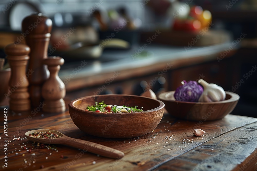 Fototapeta premium Rustic kitchen setting. Wooden bowl with salad, pepper mill, and kitchenware on a wooden table.