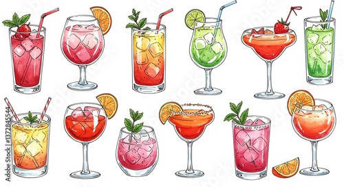 Wallpaper Mural Colorful watercolor illustration of various cocktail drinks Torontodigital.ca