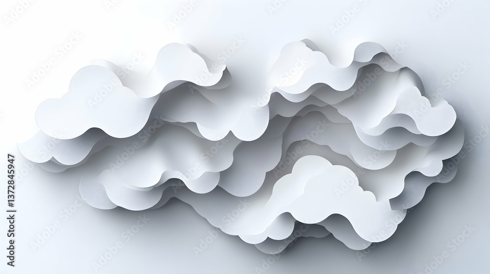 Layered paper clouds cascade in bright white monochrome A minimalist serene composition with soft shadows and gentle t Layered paper clouds cascade in bright white monochrome A minimalist serene composition with soft shadows and gentle t