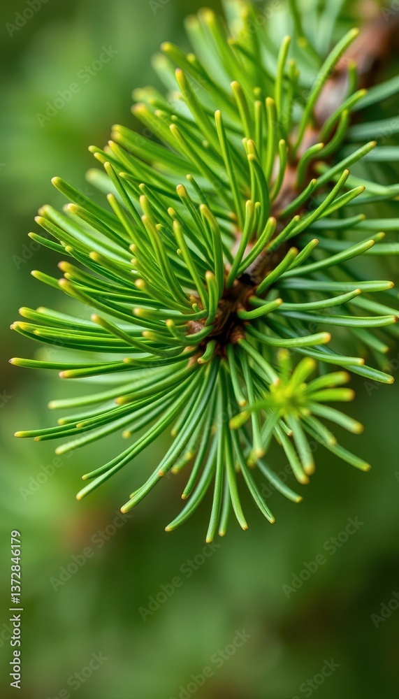 Vibrant green pine twig with fresh needles, close-up, color, Christmas, organic Vibrant green pine twig with fresh needles, close-up, color, Christmas, organic