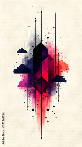 Abstract geometric shape with dark clouds lines and watercolor splashes against a textured background creating a mode