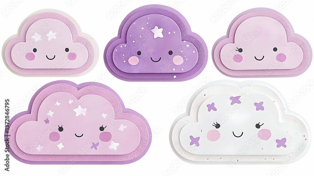 Five layered pastel clouds with happy faces stars and flowers Arranged on a white background Five layered pastel clouds with happy faces stars and flowers Arranged on a white background