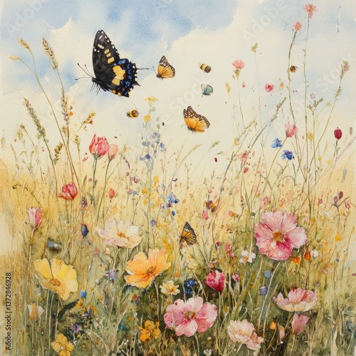 Blooming grassland featuring butterflies and rose flowers by internationally renowned artist Philippa Nikulinsky Generative AI