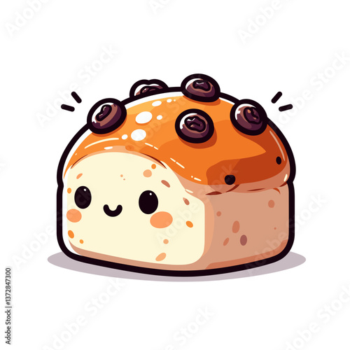 Kawaii style vector of sweet bun with raisins and smiling face. Ideal for bakery branding, children's menu illustrations, and cute food merchandise.