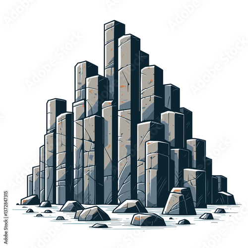 Vector illustration of dramatic basalt rock formation. Ideal for geology websites, travel destinations, and educational materials about volcanic formations.