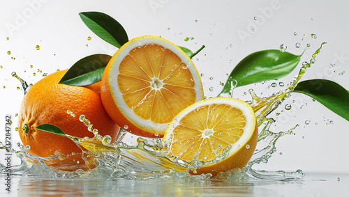Fresh Oranges and Orange Slices with Water Splash photo