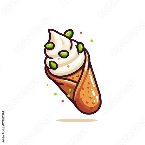 Vector illustration of cannoli with pistachio topping and cream filling. Ideal for Italian dessert menus, pastry shop websites, and culinary guides.