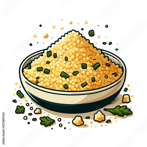 Vector illustration of couscous with herbs and vegetables in bowl. Ideal for Mediterranean recipe websites, healthy eating blogs, and culinary guides.