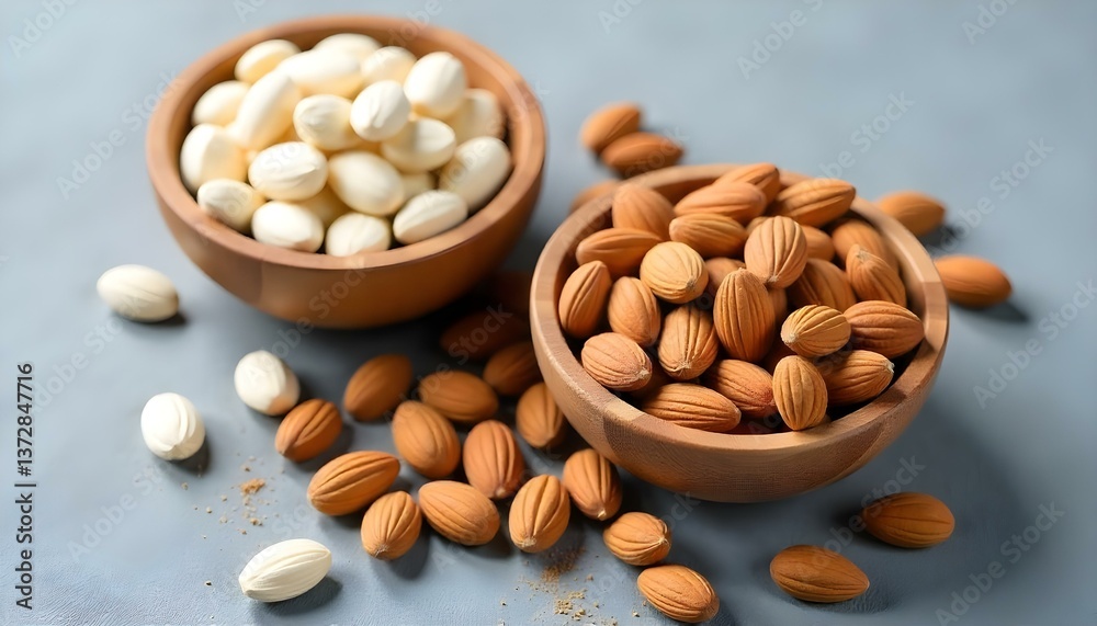 A high-angle, close-up shot features two wooden bowls filled with almonds, some with skins and some without, scattered on a textured gray surface A high-angle, close-up shot features two wooden bowls filled with almonds, some with skins and some without, scattered on a textured gray surface