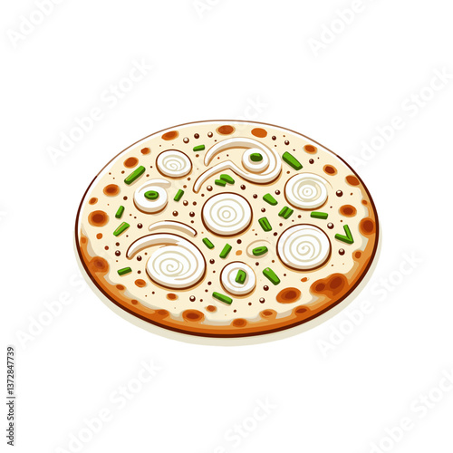 Minimalist vector illustration of round flatbread with herbs and onions. Ideal for restaurant menu, cooking app icon, or food delivery service visual element.