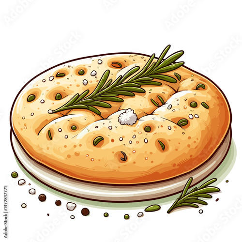 Vector illustration of Italian focaccia bread with rosemary on white background. Perfect for bakery menu design, food blog content, or Mediterranean cuisine recipe visuals.