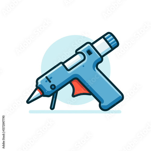 Vector illustration of blue hot glue gun on light blue background. Perfect for craft tutorial, DIY project guide, or crafting supplies shop catalog.