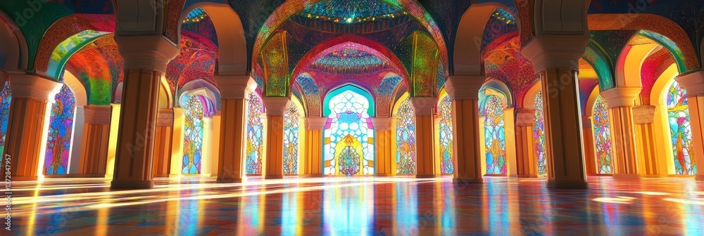 Fototapeta premium Interior view showing arches columns and light reflections on the