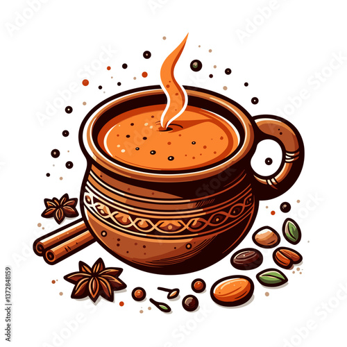 Vector illustration of traditional masala chai cup with spices. Perfect for tea shops, Indian cuisine restaurants, and beverage menus.